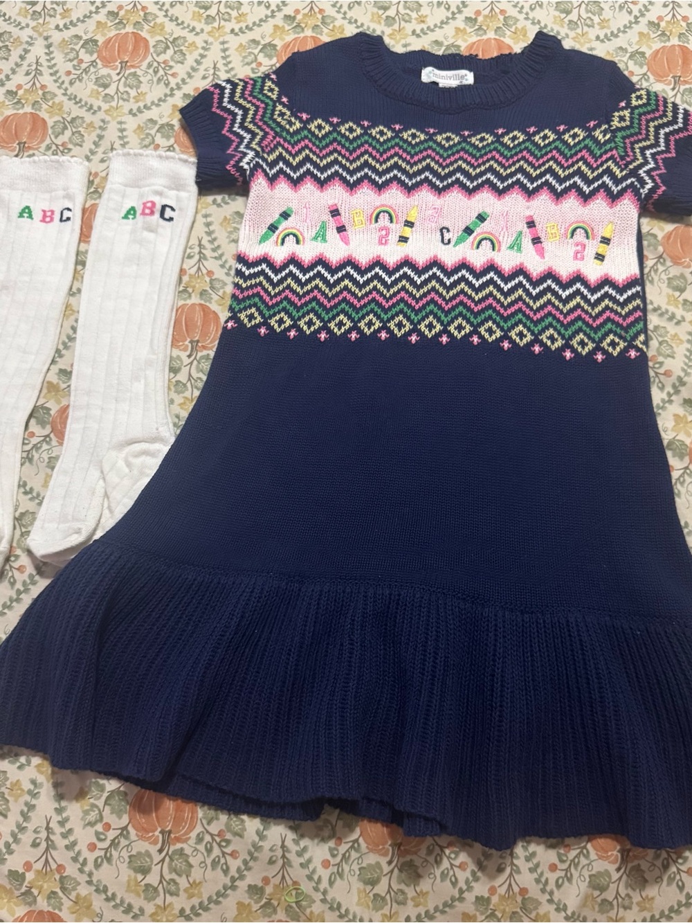 MiniVille Girls 4T Navy Back to School Knit Dress ABC Crayon Socks Set